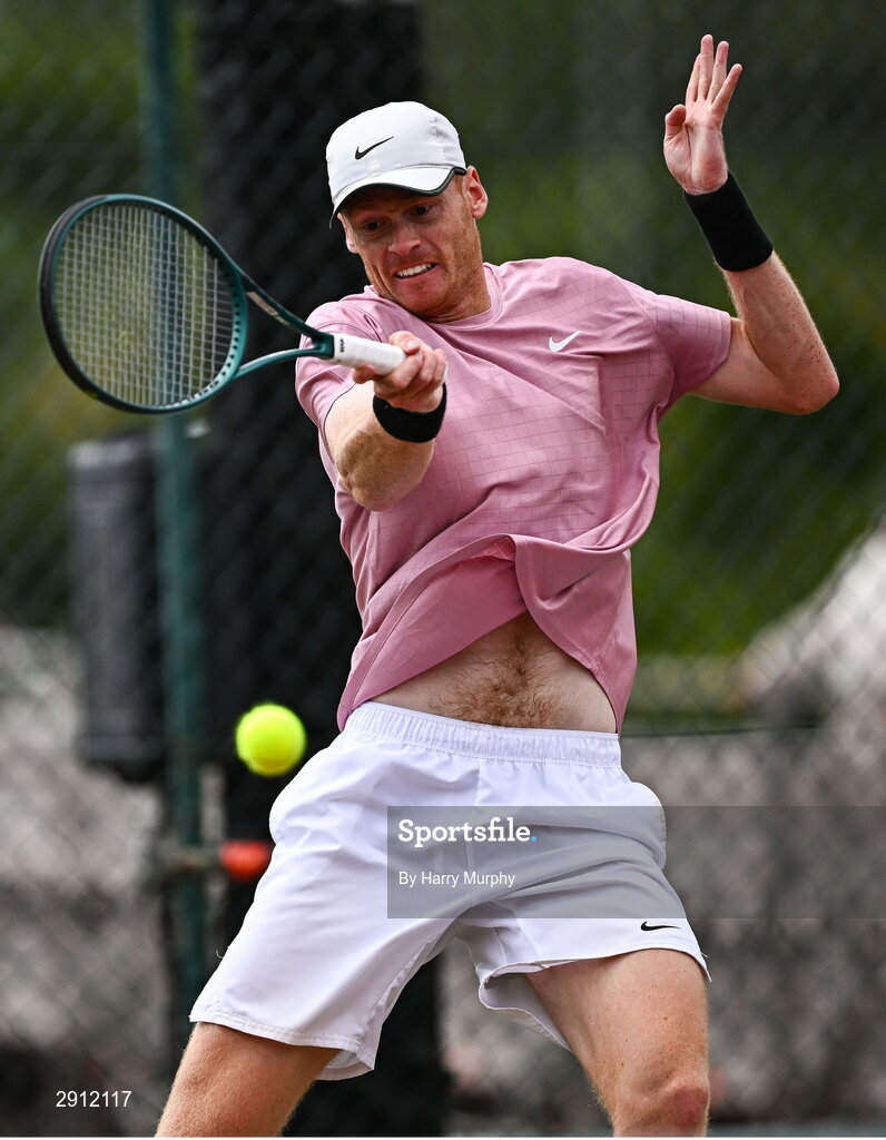 9 August 2024; Ben Jones of Great Britain in action against Michele Ribecai of Italy during their men's singles quarter-final match on day four of the AIG Irish Open Tennis Championships at Carrickmines Croquet Lawn & Tennis Club in Dublin. Photo by Harry Murphy/Sportsfile