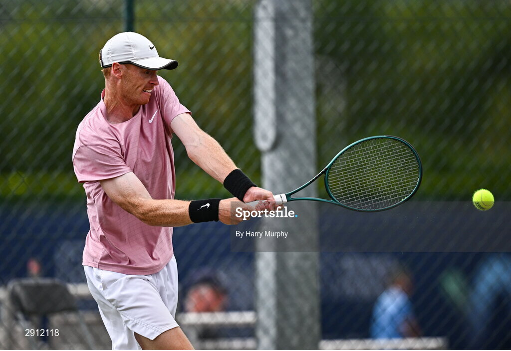 9 August 2024; Ben Jones of Great Britain in action against Michele Ribecai of Italy during their men's singles quarter-final match on day four of the AIG Irish Open Tennis Championships at Carrickmines Croquet Lawn & Tennis Club in Dublin. Photo by Harry Murphy/Sportsfile