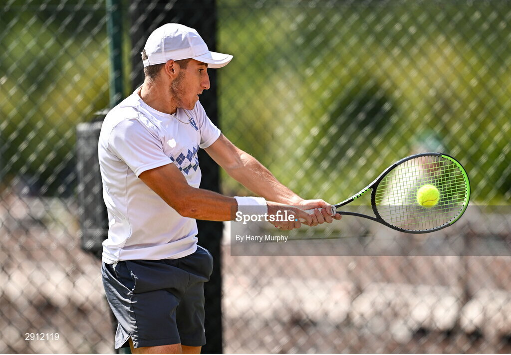 9 August 2024; Michele Ribecai of Italy in action against Ben Jones of Great Britain during their men's singles quarter-final match on day four of the AIG Irish Open Tennis Championships at Carrickmines Croquet Lawn & Tennis Club in Dublin. Photo by Harry Murphy/Sportsfile
