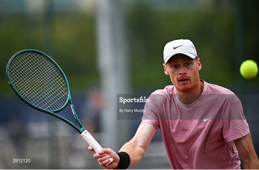 9 August 2024; Ben Jones of Great Britain in action against Michele Ribecai of Italy during their men's singles quarter-final match on day four of the AIG Irish Open Tennis Championships at Carrickmines Croquet Lawn & Tennis Club in Dublin. Photo by Harry Murphy/Sportsfile
