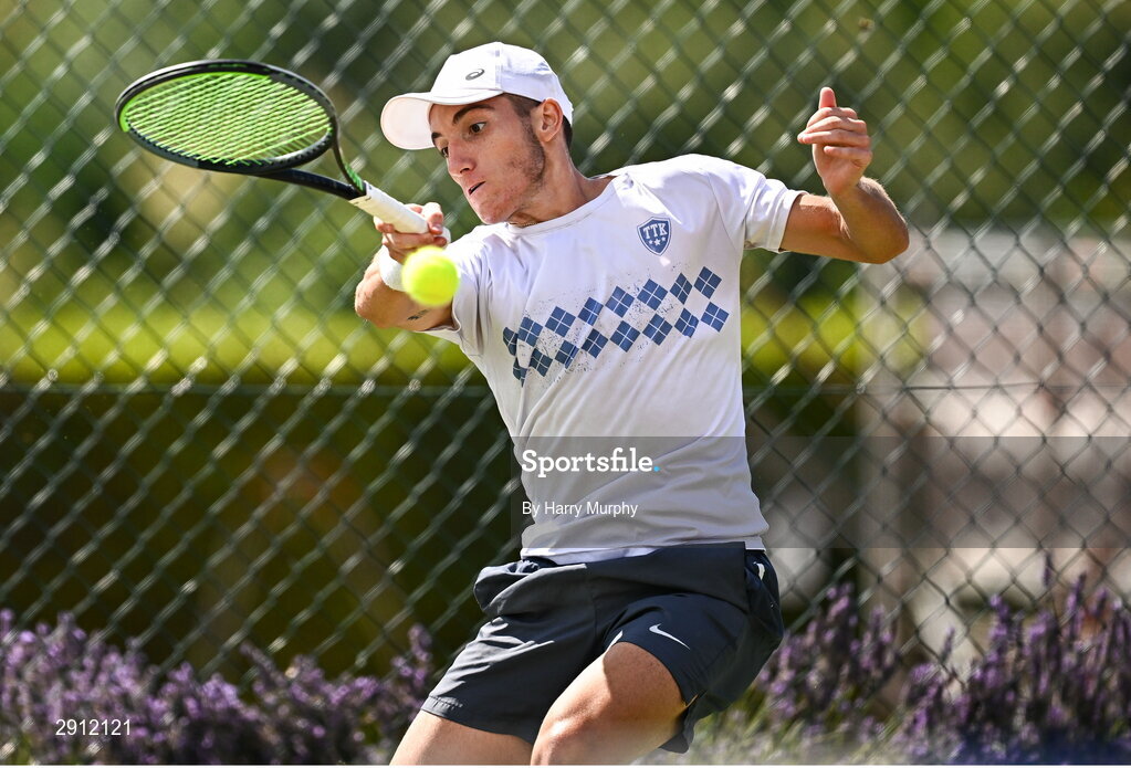 9 August 2024; Michele Ribecai of Italy in action against Ben Jones of Great Britain during their men's singles quarter-final match on day four of the AIG Irish Open Tennis Championships at Carrickmines Croquet Lawn & Tennis Club in Dublin. Photo by Harry Murphy/Sportsfile