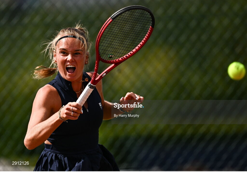 9 August 2024; Anja Wildgruber of Germany in action against Aleksandra Julia Zuchanska of Poland during their women's singles quarter-final match on day four of the AIG Irish Open Tennis Championships at Carrickmines Croquet Lawn & Tennis Club in Dublin. Photo by Harry Murphy/Sportsfile