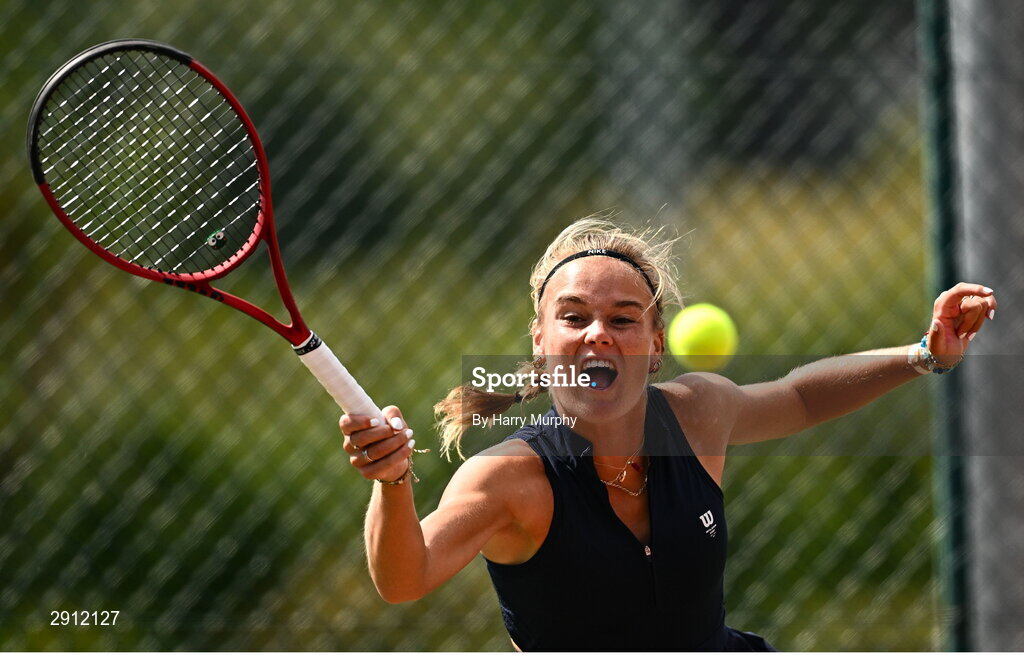 9 August 2024; Anja Wildgruber of Germany in action against Aleksandra Julia Zuchanska of Poland during their women's singles quarter-final match on day four of the AIG Irish Open Tennis Championships at Carrickmines Croquet Lawn & Tennis Club in Dublin. Photo by Harry Murphy/Sportsfile