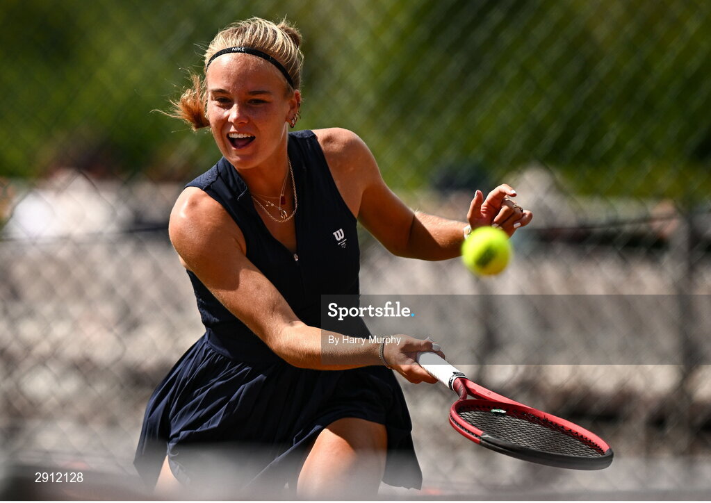 9 August 2024; Anja Wildgruber of Germany in action against Aleksandra Julia Zuchanska of Poland during their women's singles quarter-final match on day four of the AIG Irish Open Tennis Championships at Carrickmines Croquet Lawn & Tennis Club in Dublin. Photo by Harry Murphy/Sportsfile