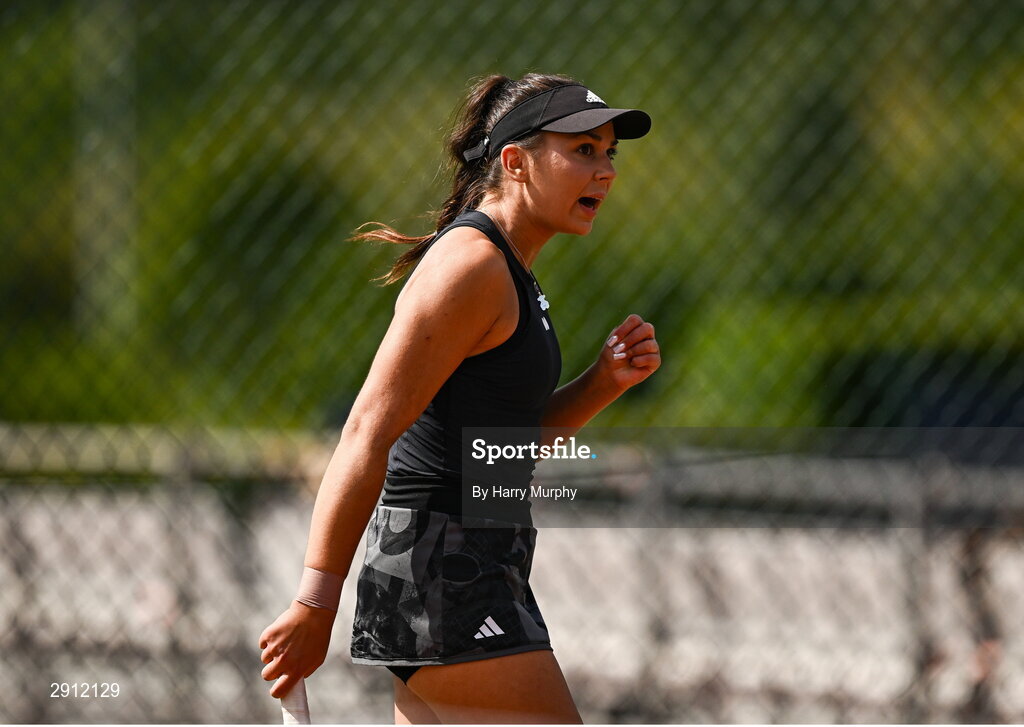 9 August 2024; Aleksandra Julia Zuchanska of Poland in action against Anja Wildgruber of Germany during their women's singles quarter-final match on day four of the AIG Irish Open Tennis Championships at Carrickmines Croquet Lawn & Tennis Club in Dublin. Photo by Harry Murphy/Sportsfile