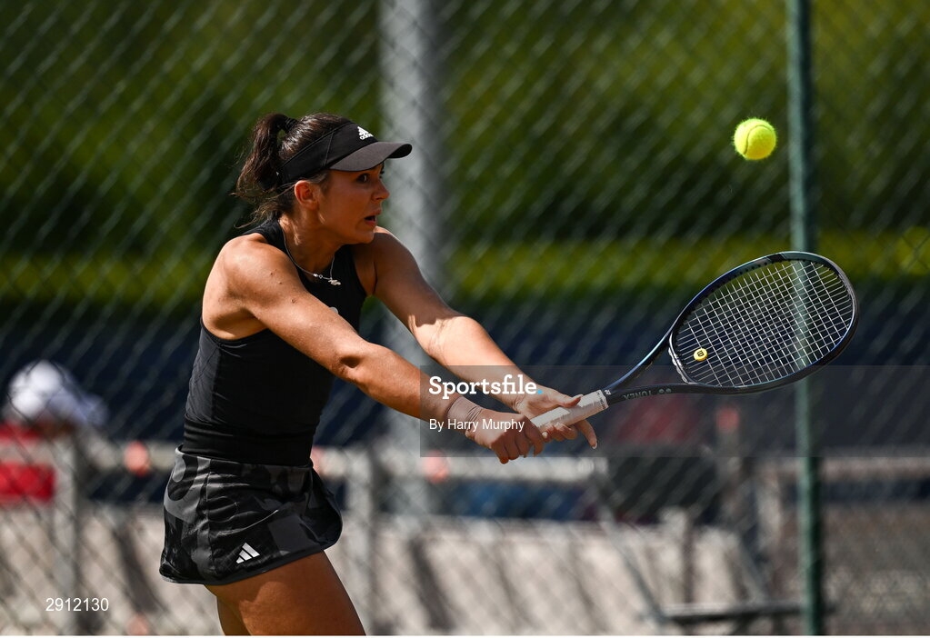 9 August 2024; Aleksandra Julia Zuchanska of Poland in action against Anja Wildgruber of Germany during their women's singles quarter-final match on day four of the AIG Irish Open Tennis Championships at Carrickmines Croquet Lawn & Tennis Club in Dublin. Photo by Harry Murphy/Sportsfile