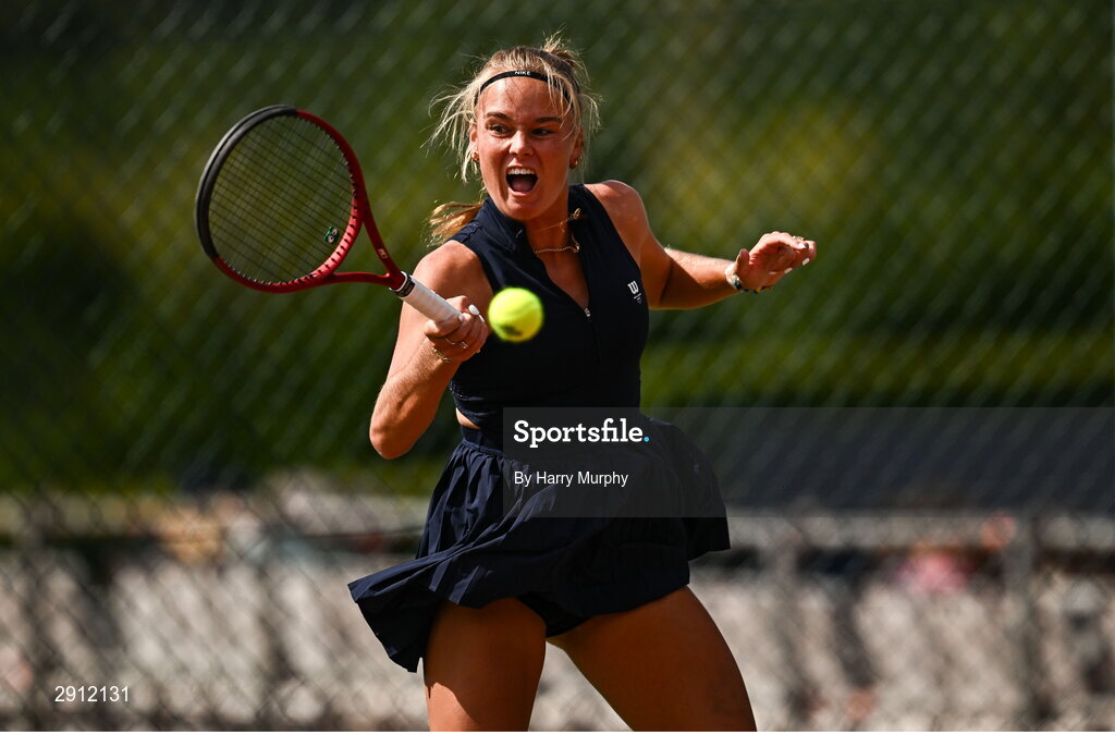 9 August 2024; Anja Wildgruber of Germany in action against Aleksandra Julia Zuchanska of Poland during their women's singles quarter-final match on day four of the AIG Irish Open Tennis Championships at Carrickmines Croquet Lawn & Tennis Club in Dublin. Photo by Harry Murphy/Sportsfile