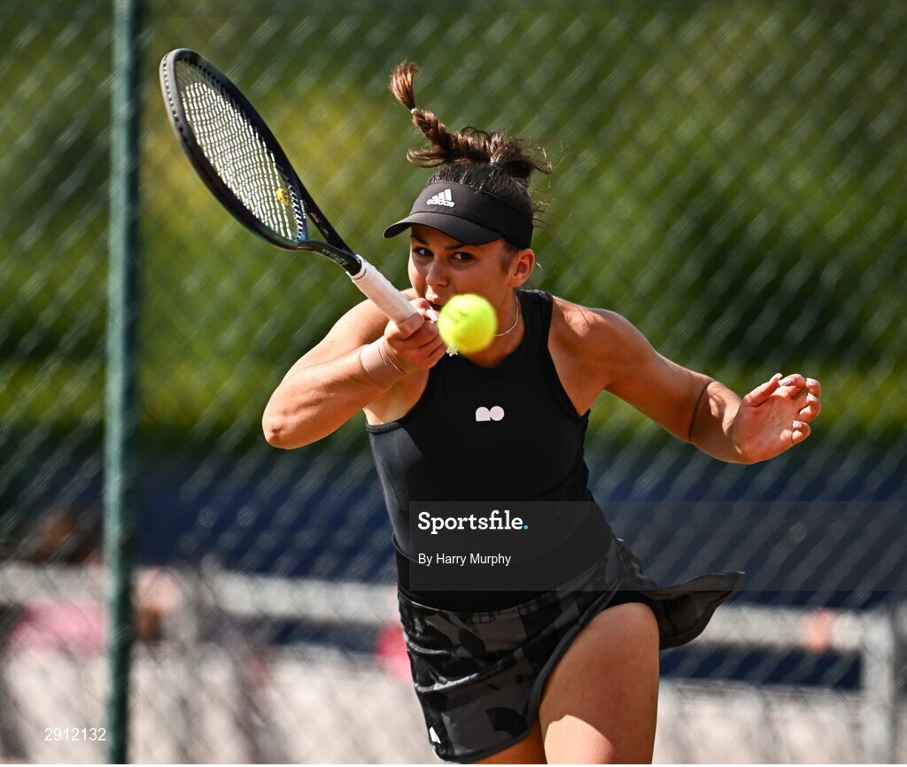 9 August 2024; Aleksandra Julia Zuchanska of Poland in action against Anja Wildgruber of Germany during their women's singles quarter-final match on day four of the AIG Irish Open Tennis Championships at Carrickmines Croquet Lawn & Tennis Club in Dublin. Photo by Harry Murphy/Sportsfile
