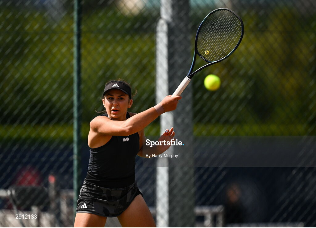 9 August 2024; Aleksandra Julia Zuchanska of Poland in action against Anja Wildgruber of Germany during their women's singles quarter-final match on day four of the AIG Irish Open Tennis Championships at Carrickmines Croquet Lawn & Tennis Club in Dublin. Photo by Harry Murphy/Sportsfile