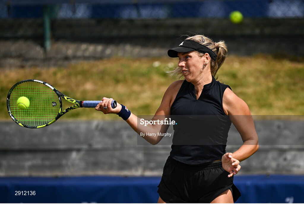 9 August 2024; Karola Patricia Bejenaru of Romania in action against Chloe Noel of France during their women's singles quarter-final match on day four of the AIG Irish Open Tennis Championships at Carrickmines Croquet Lawn & Tennis Club in Dublin. Photo by Harry Murphy/Sportsfile
