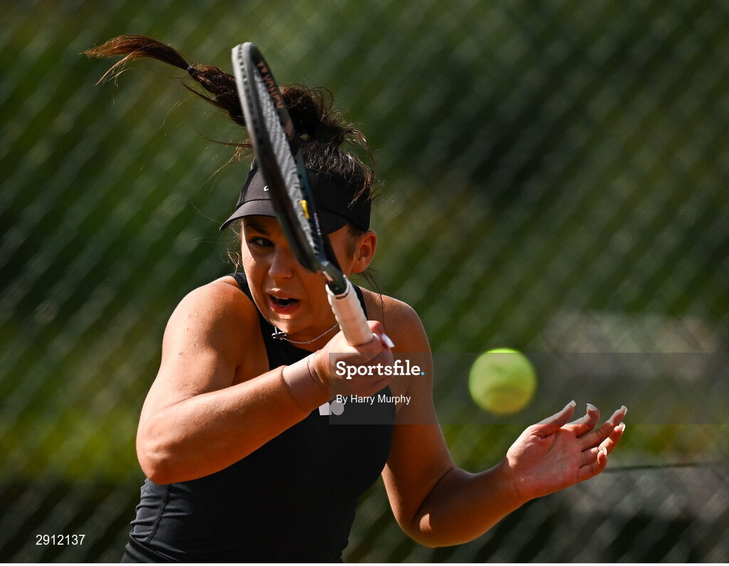 9 August 2024; Aleksandra Julia Zuchanska of Poland in action against Anja Wildgruber of Germany during their women's singles quarter-final match on day four of the AIG Irish Open Tennis Championships at Carrickmines Croquet Lawn & Tennis Club in Dublin. Photo by Harry Murphy/Sportsfile
