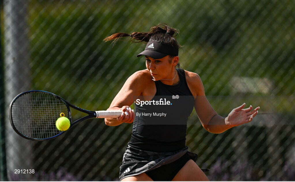 9 August 2024; Aleksandra Julia Zuchanska of Poland in action against Anja Wildgruber of Germany during their women's singles quarter-final match on day four of the AIG Irish Open Tennis Championships at Carrickmines Croquet Lawn & Tennis Club in Dublin. Photo by Harry Murphy/Sportsfile
