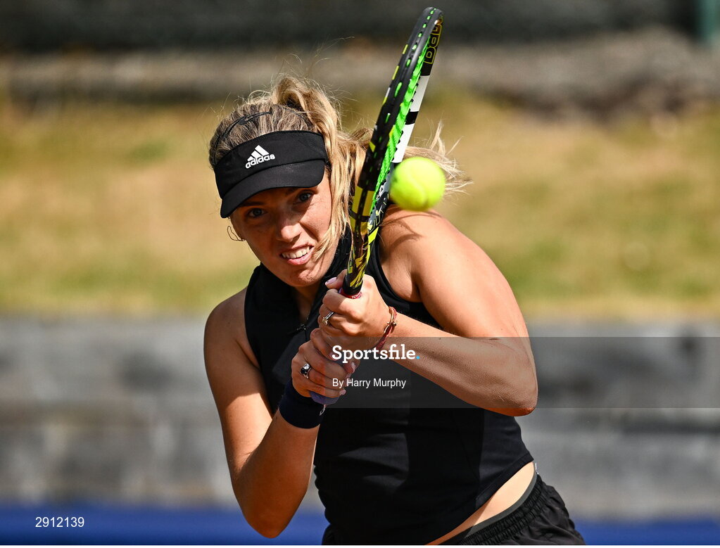 9 August 2024; Karola Patricia Bejenaru of Romania in action against Chloe Noel of France during their women's singles quarter-final match on day four of the AIG Irish Open Tennis Championships at Carrickmines Croquet Lawn & Tennis Club in Dublin. Photo by Harry Murphy/Sportsfile