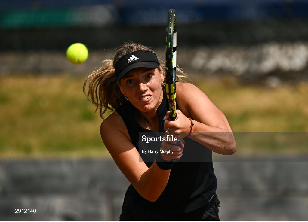 9 August 2024; Karola Patricia Bejenaru of Romania in action against Chloe Noel of France during their women's singles quarter-final match on day four of the AIG Irish Open Tennis Championships at Carrickmines Croquet Lawn & Tennis Club in Dublin. Photo by Harry Murphy/Sportsfile