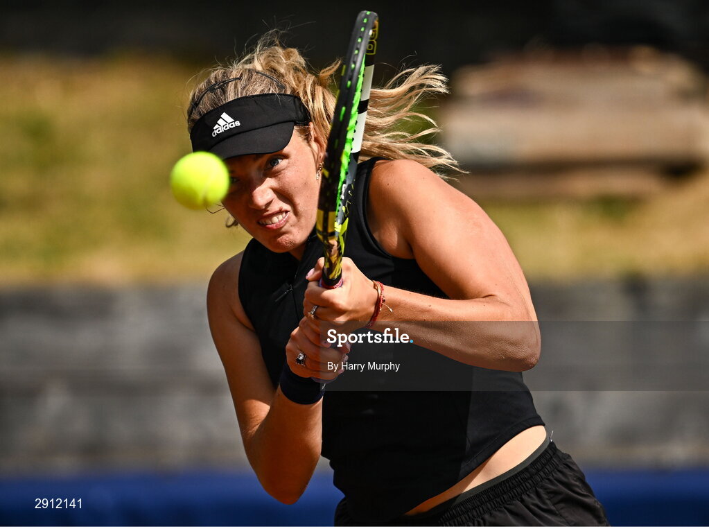 9 August 2024; Karola Patricia Bejenaru of Romania in action against Chloe Noel of France during their women's singles quarter-final match on day four of the AIG Irish Open Tennis Championships at Carrickmines Croquet Lawn & Tennis Club in Dublin. Photo by Harry Murphy/Sportsfile