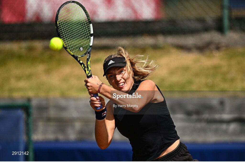 9 August 2024; Karola Patricia Bejenaru of Romania in action against Chloe Noel of France during their women's singles quarter-final match on day four of the AIG Irish Open Tennis Championships at Carrickmines Croquet Lawn & Tennis Club in Dublin. Photo by Harry Murphy/Sportsfile
