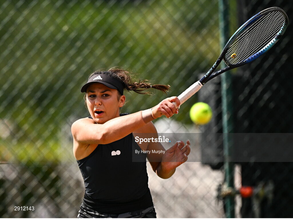 9 August 2024; Aleksandra Julia Zuchanska of Poland in action against Anja Wildgruber of Germany during their women's singles quarter-final match on day four of the AIG Irish Open Tennis Championships at Carrickmines Croquet Lawn & Tennis Club in Dublin. Photo by Harry Murphy/Sportsfile