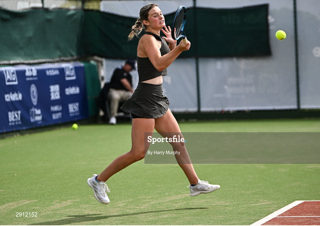 9 August 2024; Megan Davies of Great Britain in action against Ella Haavisto of Finland during their women's singles quarter-final match on day four of the AIG Irish Open Tennis Championships at Carrickmines Croquet Lawn & Tennis Club in Dublin. Photo by Harry Murphy/Sportsfile
