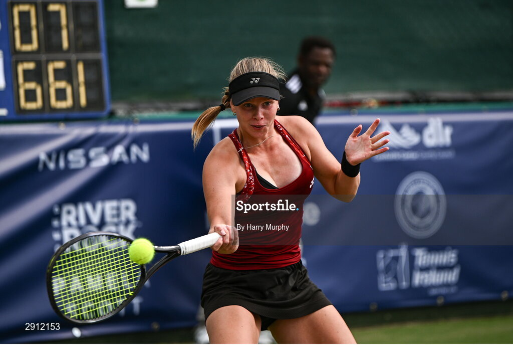 9 August 2024; Ella Haavisto of Finland in action against Megan Davies of Great Britain during their women's singles quarter-final match on day four of the AIG Irish Open Tennis Championships at Carrickmines Croquet Lawn & Tennis Club in Dublin. Photo by Harry Murphy/Sportsfile
