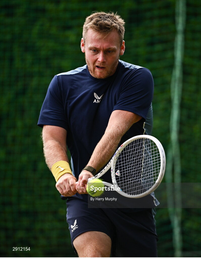 9 August 2024; Finn Bass of Great Britain in action against Brian  Bozemoj of Netherlands during their men's singles quarter-final match on day four of the AIG Irish Open Tennis Championships at Carrickmines Croquet Lawn & Tennis Club in Dublin. Photo by Harry Murphy/Sportsfile