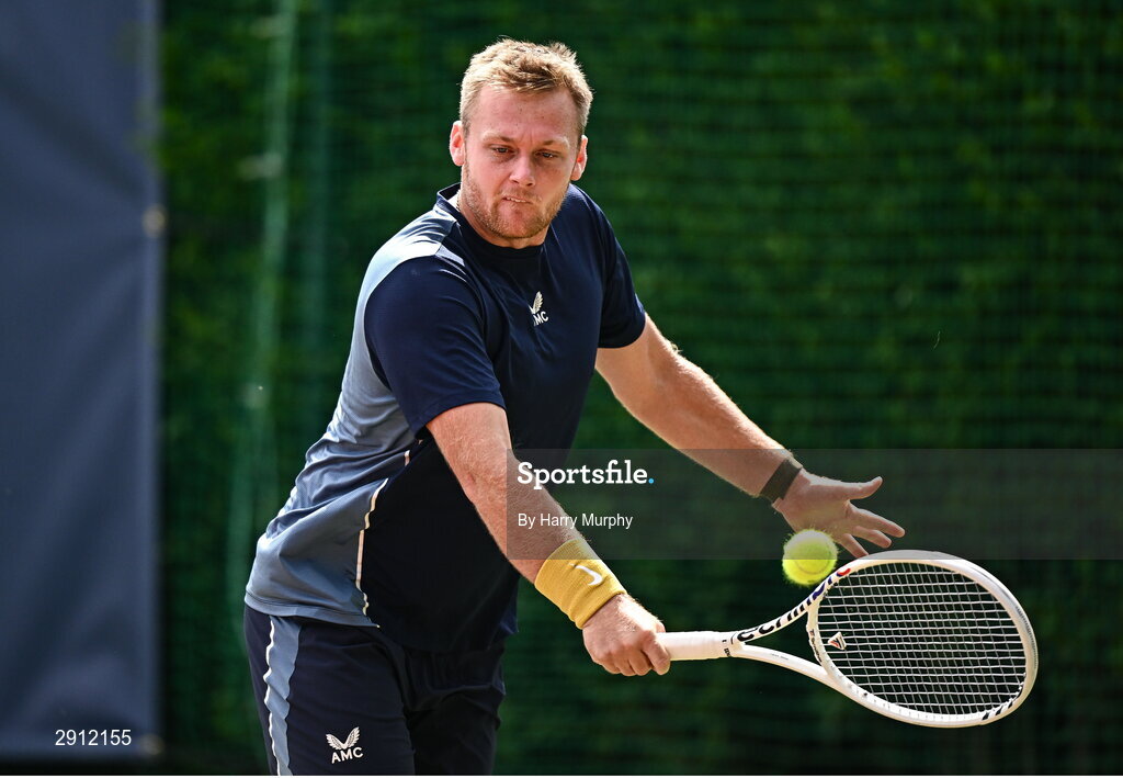 9 August 2024; Finn Bass of Great Britain in action against Brian  Bozemoj of Netherlands during their men's singles quarter-final match on day four of the AIG Irish Open Tennis Championships at Carrickmines Croquet Lawn & Tennis Club in Dublin. Photo by Harry Murphy/Sportsfile