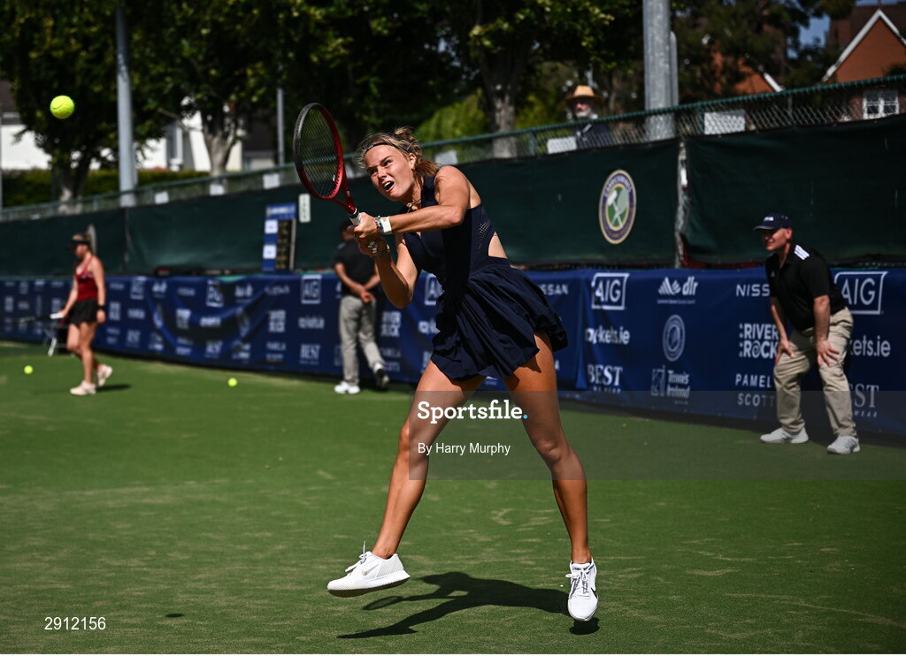 9 August 2024; Anja Wildgruber of Germany in action against Aleksandra Julia Zuchanska of Poland during their women's singles quarter-final match on day four of the AIG Irish Open Tennis Championships at Carrickmines Croquet Lawn & Tennis Club in Dublin. Photo by Harry Murphy/Sportsfile