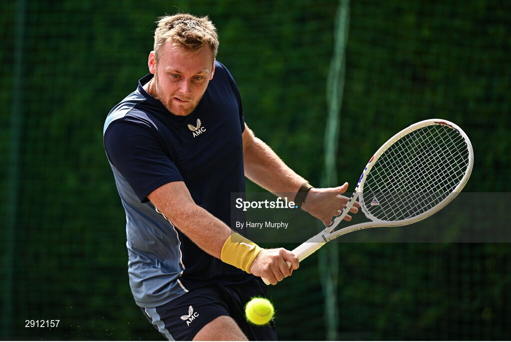 9 August 2024; Finn Bass of Great Britain in action against Brian  Bozemoj of Netherlands during their men's singles quarter-final match on day four of the AIG Irish Open Tennis Championships at Carrickmines Croquet Lawn & Tennis Club in Dublin. Photo by Harry Murphy/Sportsfile