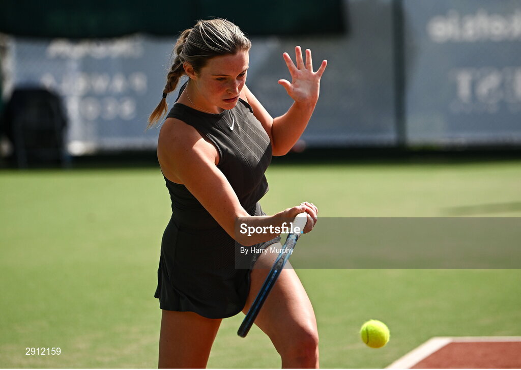 9 August 2024; Megan Davies of Great Britain in action against Ella Haavisto of Finland during their women's singles quarter-final match on day four of the AIG Irish Open Tennis Championships at Carrickmines Croquet Lawn & Tennis Club in Dublin. Photo by Harry Murphy/Sportsfile