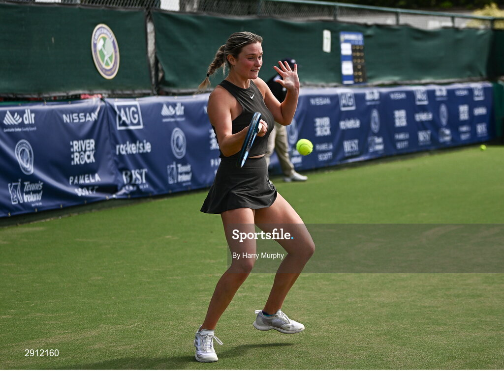 9 August 2024; Megan Davies of Great Britain in action against Ella Haavisto of Finland during their women's singles quarter-final match on day four of the AIG Irish Open Tennis Championships at Carrickmines Croquet Lawn & Tennis Club in Dublin. Photo by Harry Murphy/Sportsfile