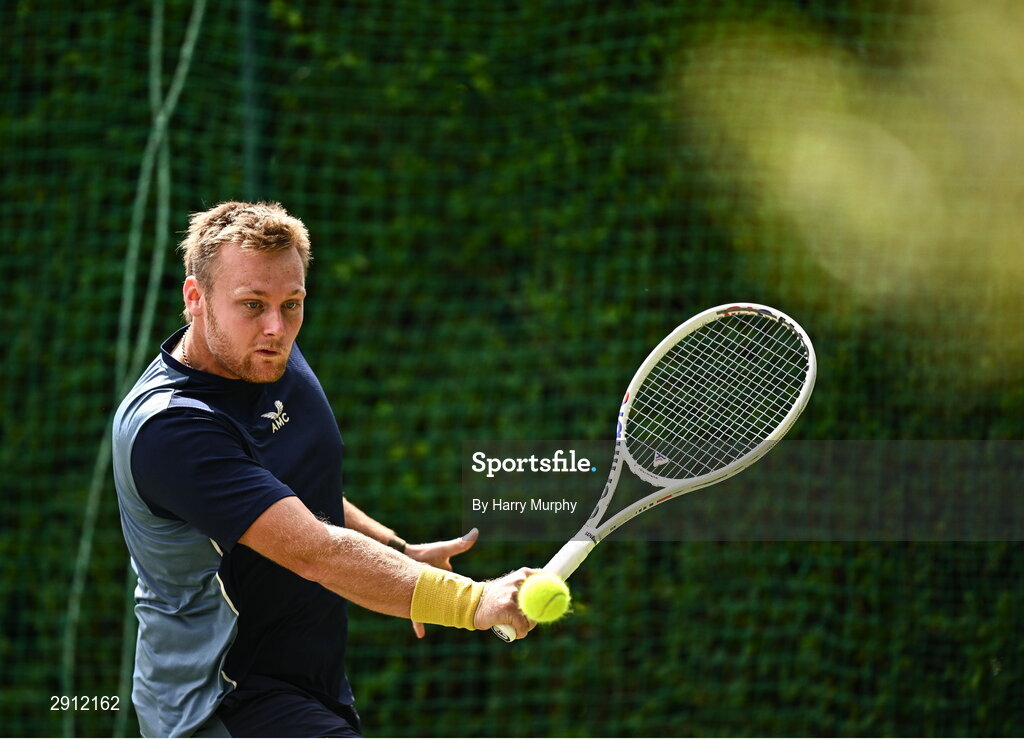 9 August 2024; Finn Bass of Great Britain in action against Brian  Bozemoj of Netherlands during their men's singles quarter-final match on day four of the AIG Irish Open Tennis Championships at Carrickmines Croquet Lawn & Tennis Club in Dublin. Photo by Harry Murphy/Sportsfile