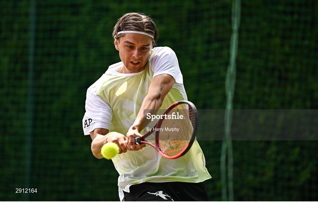 9 August 2024; Brian Bozemoj of Netherlands in action against Finn Bass of Great Britainduring their men's singles quarter-final match on day four of the AIG Irish Open Tennis Championships at Carrickmines Croquet Lawn & Tennis Club in Dublin. Photo by Harry Murphy/Sportsfile