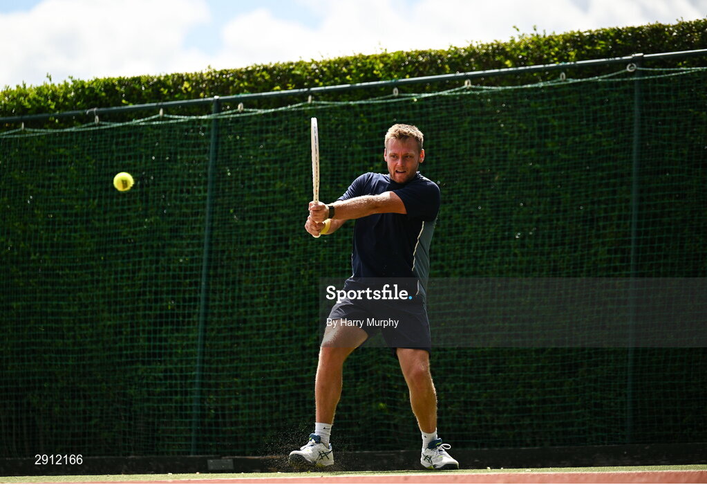 9 August 2024; Finn Bass of Great Britain in action against Brian  Bozemoj of Netherlands during their men's singles quarter-final match on day four of the AIG Irish Open Tennis Championships at Carrickmines Croquet Lawn & Tennis Club in Dublin. Photo by Harry Murphy/Sportsfile