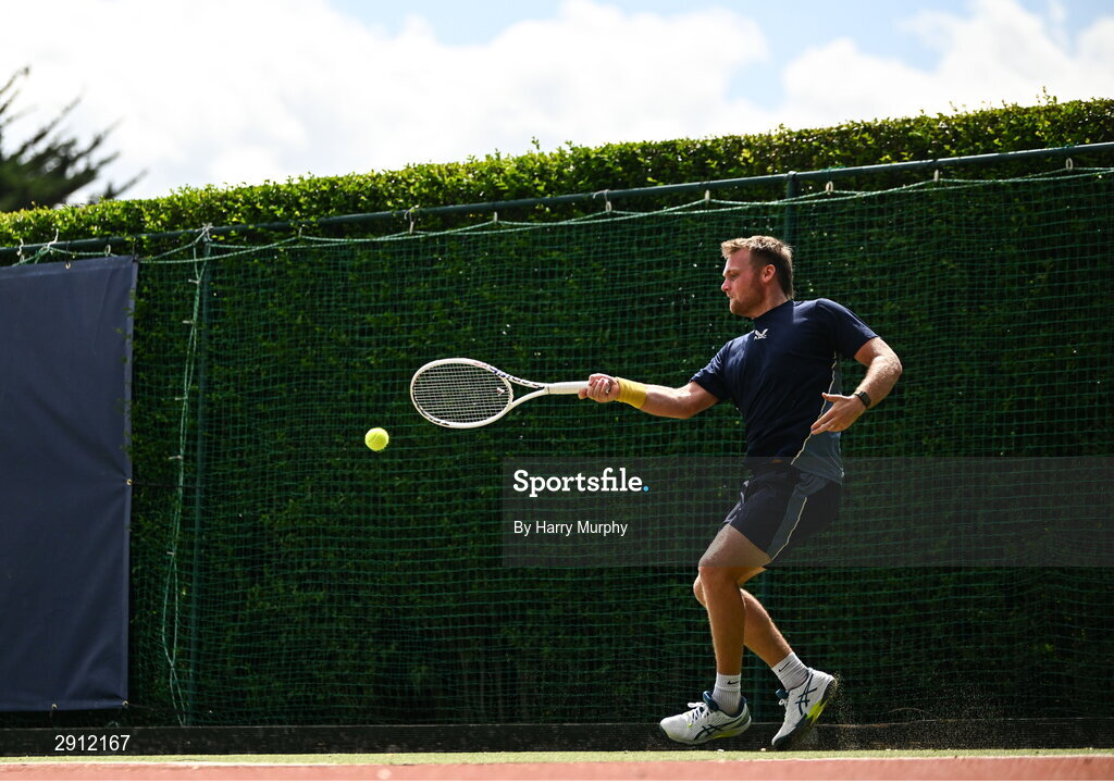 9 August 2024; Finn Bass of Great Britain in action against Brian  Bozemoj of Netherlands during their men's singles quarter-final match on day four of the AIG Irish Open Tennis Championships at Carrickmines Croquet Lawn & Tennis Club in Dublin. Photo by Harry Murphy/Sportsfile
