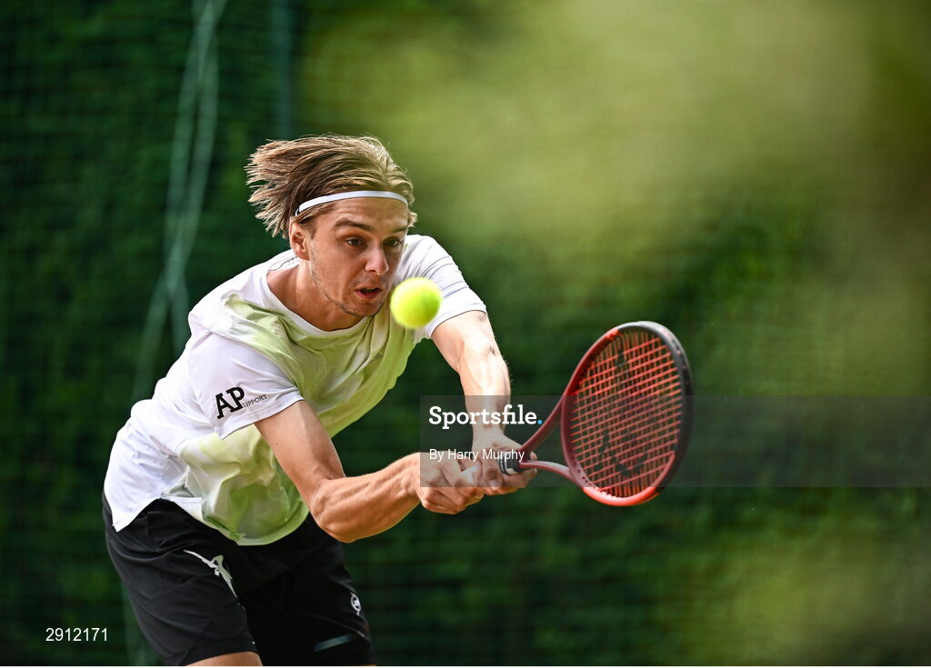 9 August 2024; Brian Bozemoj of Netherlands in action against Finn Bass of Great Britainduring their men's singles quarter-final match on day four of the AIG Irish Open Tennis Championships at Carrickmines Croquet Lawn & Tennis Club in Dublin. Photo by Harry Murphy/Sportsfile