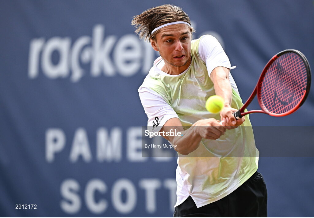 9 August 2024; Brian Bozemoj of Netherlands in action against Finn Bass of Great Britainduring their men's singles quarter-final match on day four of the AIG Irish Open Tennis Championships at Carrickmines Croquet Lawn & Tennis Club in Dublin. Photo by Harry Murphy/Sportsfile