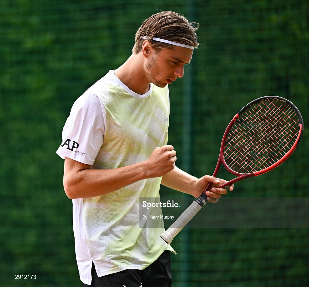 9 August 2024; Brian Bozemoj of Netherlands in action against Finn Bass of Great Britainduring their men's singles quarter-final match on day four of the AIG Irish Open Tennis Championships at Carrickmines Croquet Lawn & Tennis Club in Dublin. Photo by Harry Murphy/Sportsfile