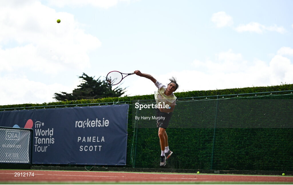 9 August 2024; Brian Bozemoj of Netherlands in action against Finn Bass of Great Britain during their men's singles quarter-final match on day four of the AIG Irish Open Tennis Championships at Carrickmines Croquet Lawn & Tennis Club in Dublin. Photo by Harry Murphy/Sportsfile