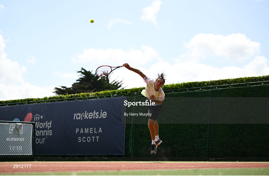 9 August 2024; Brian Bozemoj of Netherlands in action against Finn Bass of Great Britain during their men's singles quarter-final match on day four of the AIG Irish Open Tennis Championships at Carrickmines Croquet Lawn & Tennis Club in Dublin. Photo by Harry Murphy/Sportsfile