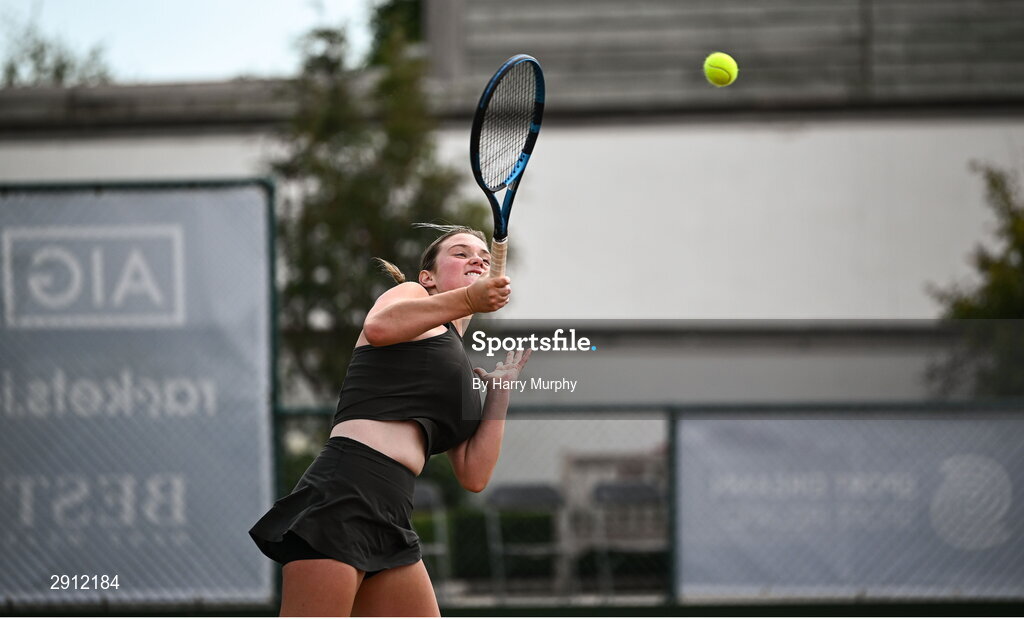 9 August 2024; Megan Davies of Great Britain in action against Ella Haavisto of Finland during their women's singles quarter-final match on day four of the AIG Irish Open Tennis Championships at Carrickmines Croquet Lawn & Tennis Club in Dublin. Photo by Harry Murphy/Sportsfile