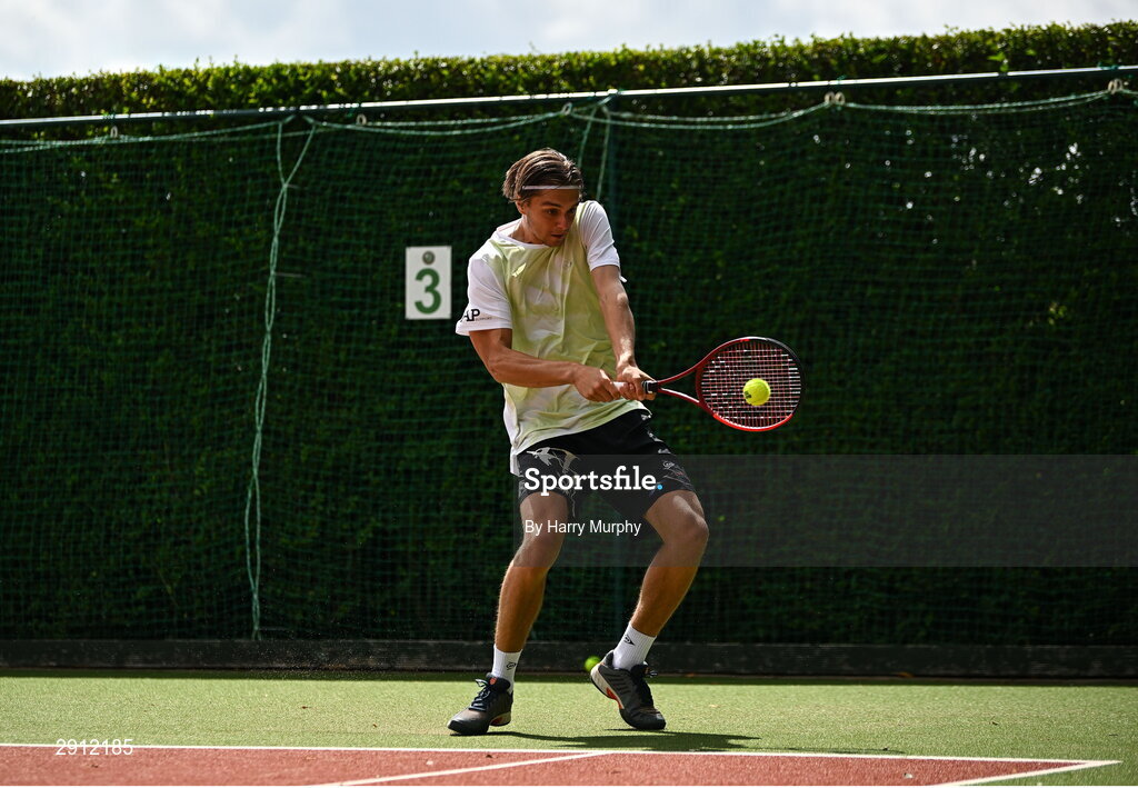 9 August 2024; Brian Bozemoj of Netherlands in action against Finn Bass of Great Britain during their men's singles quarter-final match on day four of the AIG Irish Open Tennis Championships at Carrickmines Croquet Lawn & Tennis Club in Dublin. Photo by Harry Murphy/Sportsfile