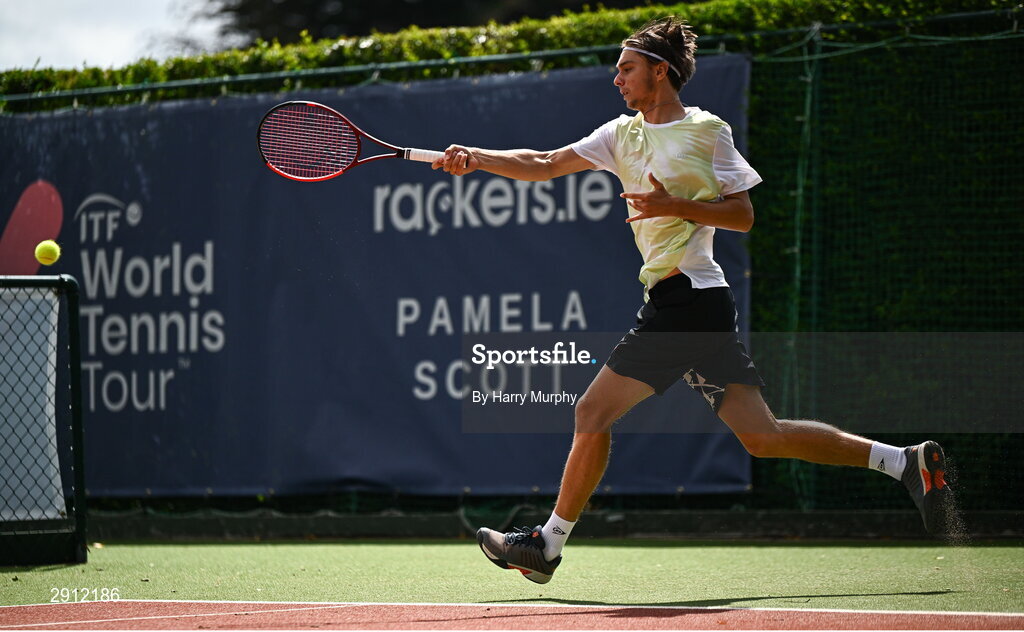 9 August 2024; Brian Bozemoj of Netherlands in action against Finn Bass of Great Britain during their men's singles quarter-final match on day four of the AIG Irish Open Tennis Championships at Carrickmines Croquet Lawn & Tennis Club in Dublin. Photo by Harry Murphy/Sportsfile