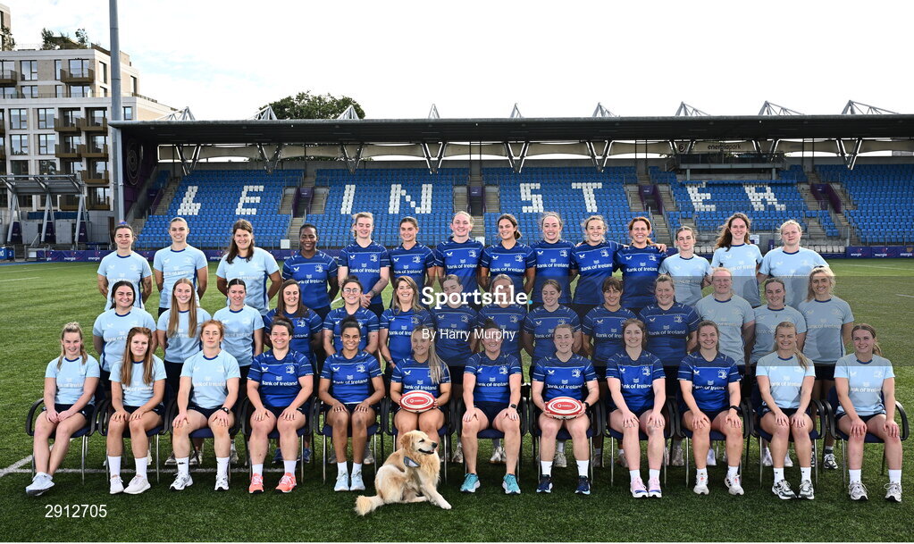 9 August 2024; The Leinster squad with TJ the Dog during a Leinster Rugby women's captain's run at Energia Park in Dublin. Photo by Harry Murphy/Sportsfile