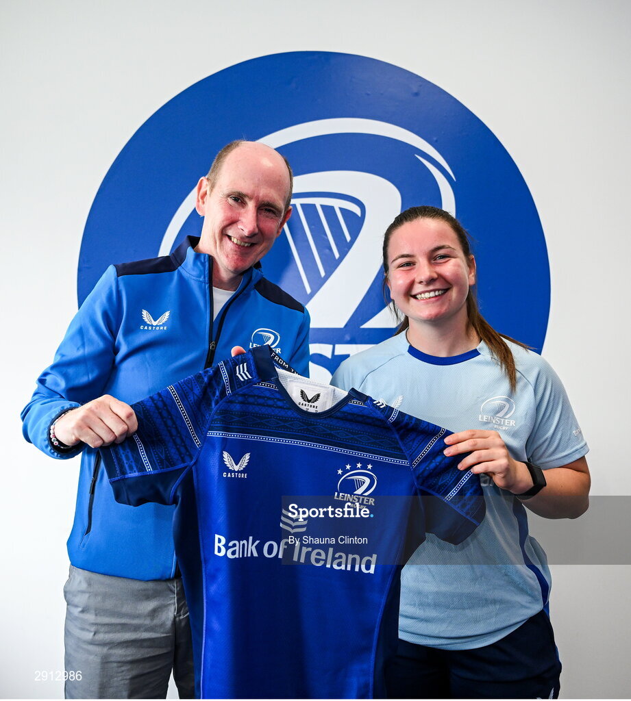 9 August 2024; Sarah Delaney during the Leinster Rugby women's jersey presentation at Energia Park in Dublin. Photo by Shauna Clinton/Sportsfile