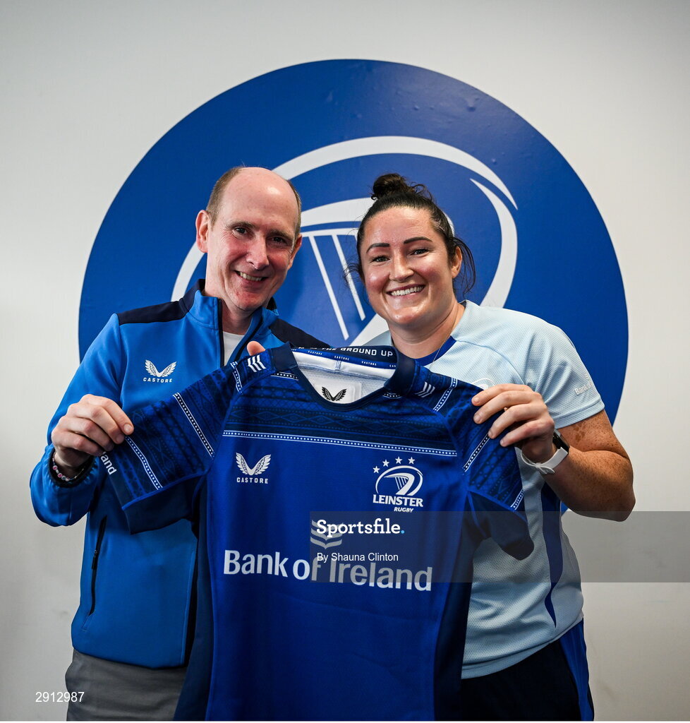9 August 2024; Hannah O'Connor during the Leinster Rugby women's jersey presentation at Energia Park in Dublin. Photo by Shauna Clinton/Sportsfile