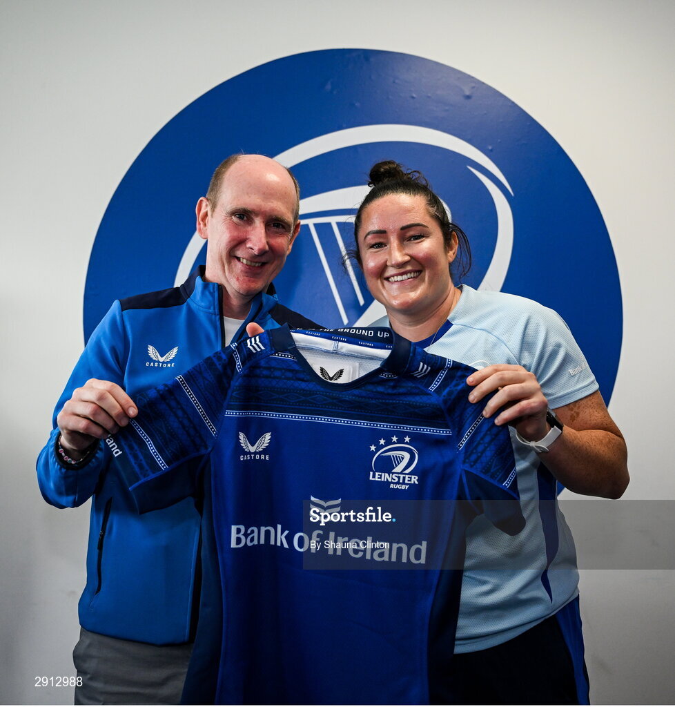 9 August 2024; Hannah O'Connor during the Leinster Rugby women's jersey presentation at Energia Park in Dublin. Photo by Shauna Clinton/Sportsfile