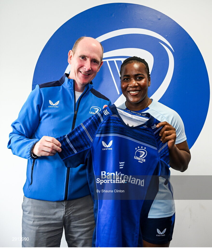 9 August 2024; Linda Djougang during the Leinster Rugby women's jersey presentation at Energia Park in Dublin. Photo by Shauna Clinton/Sportsfile