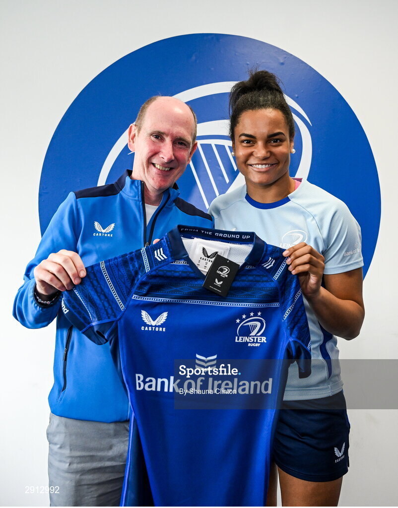 9 August 2024; Eimear Corri during the Leinster Rugby women's jersey presentation at Energia Park in Dublin. Photo by Shauna Clinton/Sportsfile