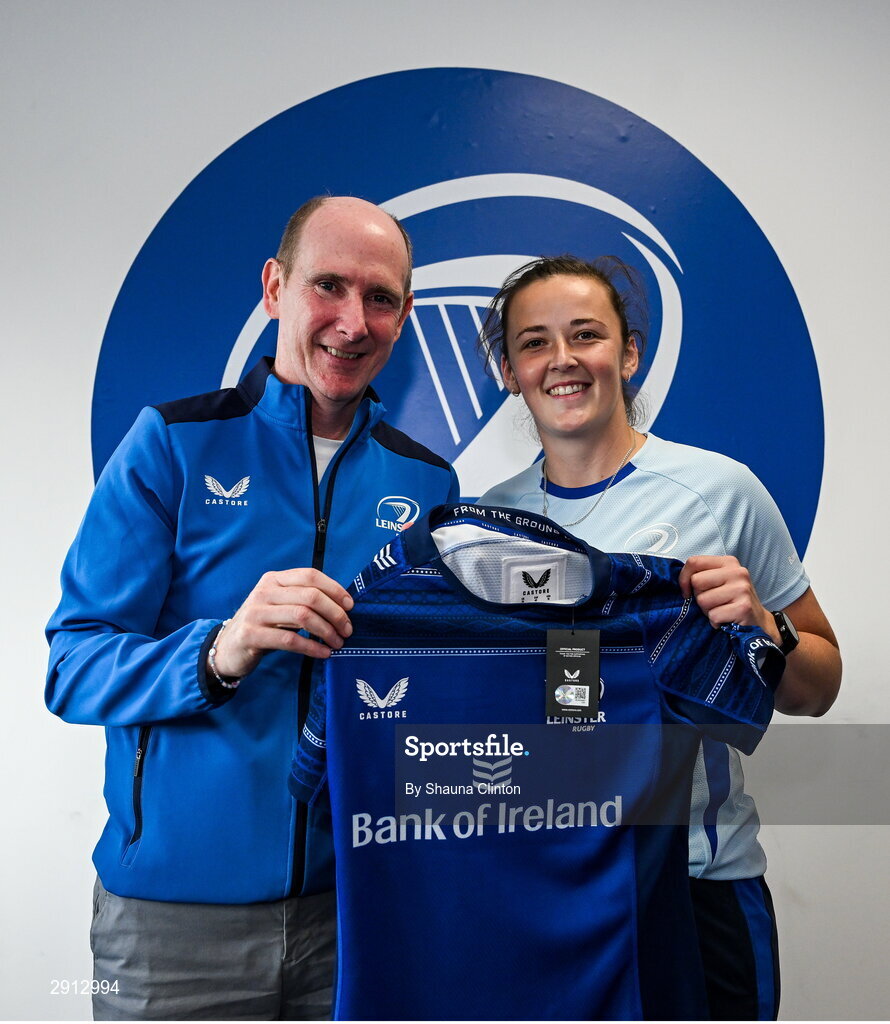 9 August 2024; Nikki Caughey during the Leinster Rugby women's jersey presentation at Energia Park in Dublin. Photo by Shauna Clinton/Sportsfile