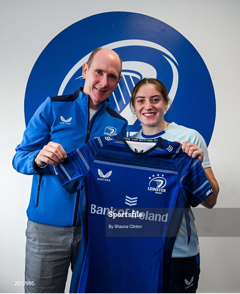 9 August 2024; Katie Whelan during the Leinster Rugby women's jersey presentation at Energia Park in Dublin. Photo by Shauna Clinton/Sportsfile