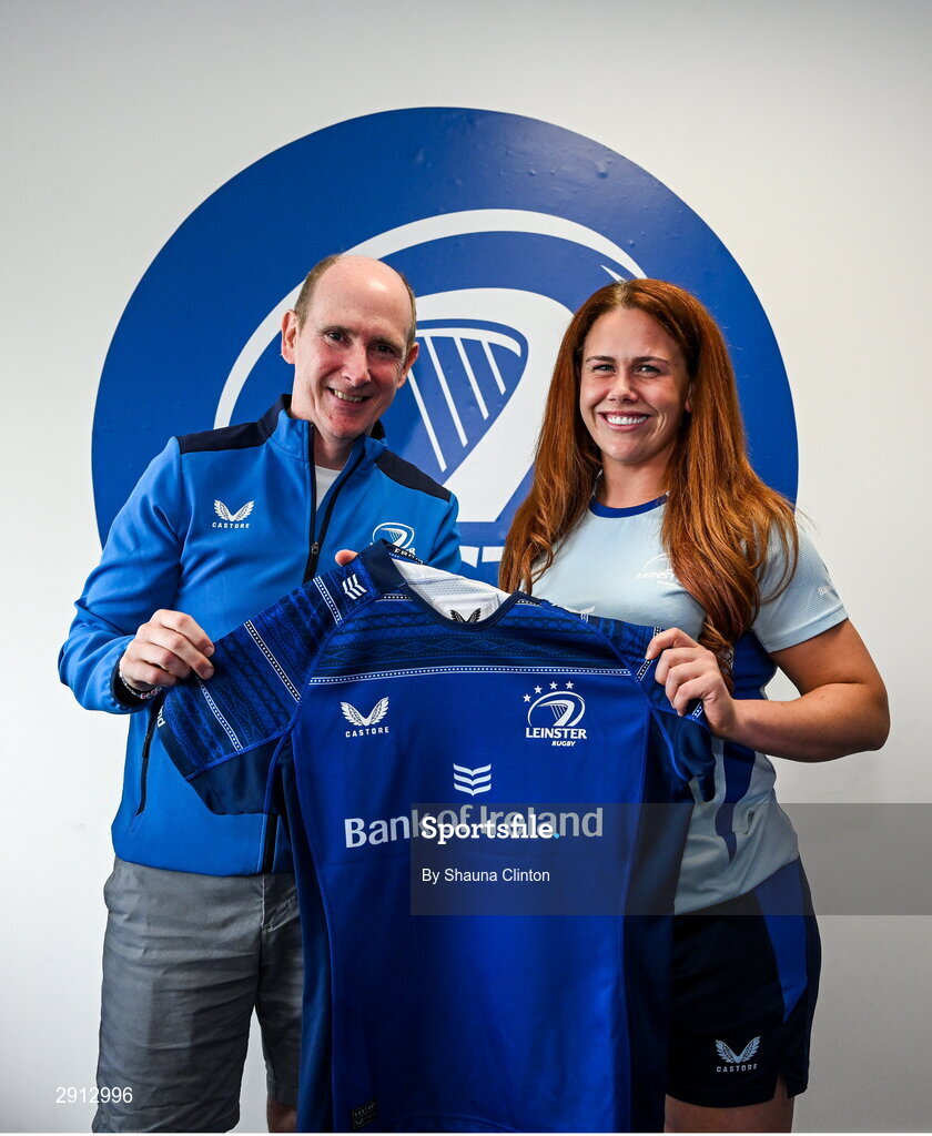 9 August 2024; Caoimhe Molloy during the Leinster Rugby women's jersey presentation at Energia Park in Dublin. Photo by Shauna Clinton/Sportsfile